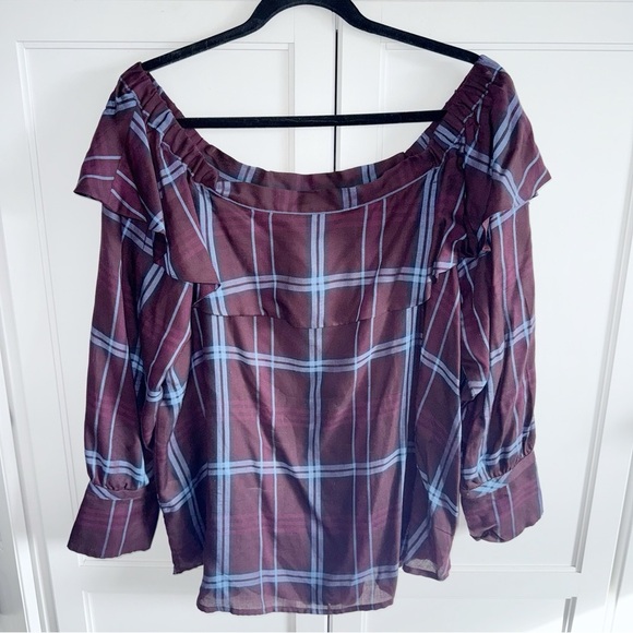 Ann Taylor LOFT Burgundy/Blue Plaid Off-Shoulder Blouse Sz Large - Picture 2 of 12